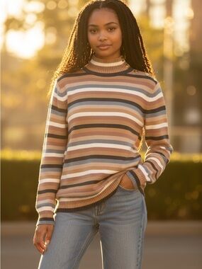 Preppy Casual Striped Cowl-Neck Sweater